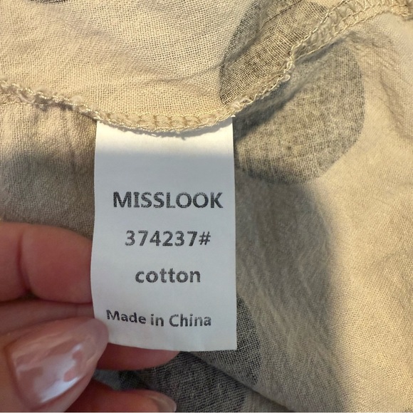 MISSLOOK Polka Dot Top Shirt 3/4 Length Sleeves Raw Hem Seams Cream Brown Small - Picture 10 of 10